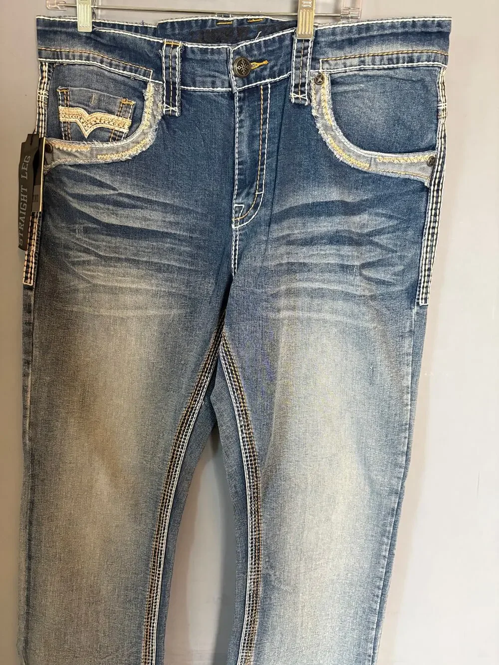 Lamasini Men’s Blue Straight Leg Jeans Heavy Stitch Embroidered Sz 36×30 NWT
